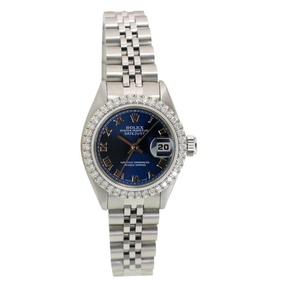 ROLEX DATEJUST BLUE ROMAN DIAL DIAMOND OYSTER STAINLESS STEEL WATCH 26 MM 69174 - Picture 2 of 6